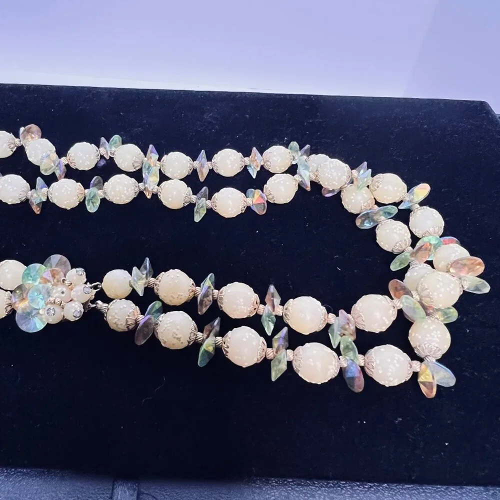 Vintage Double Strand Sugared Bead And AB Rhinestone Necklace (6120) - Picture 6 of 9